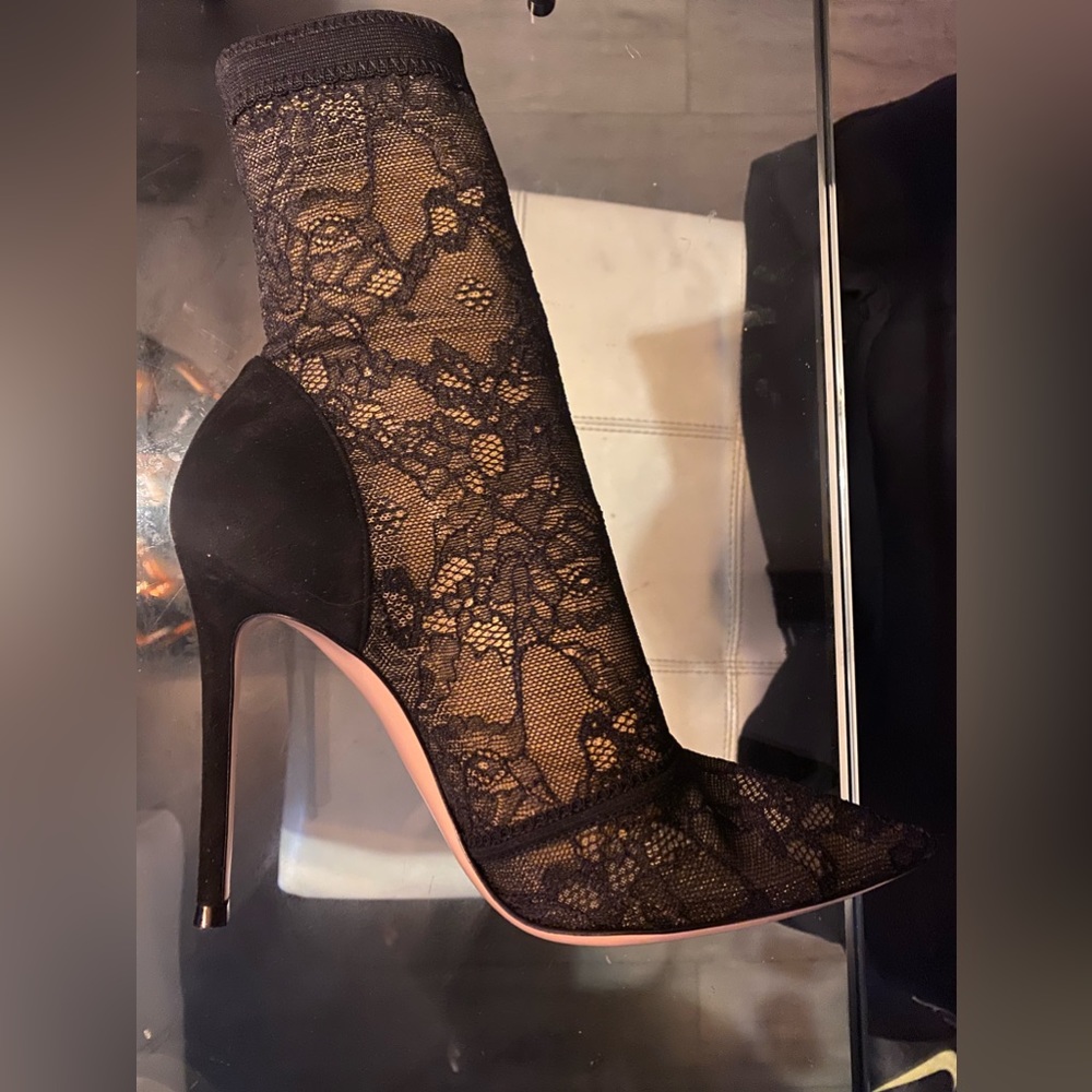 Gianvito Rossi Black Lace Sock Bootie with Pink Sole